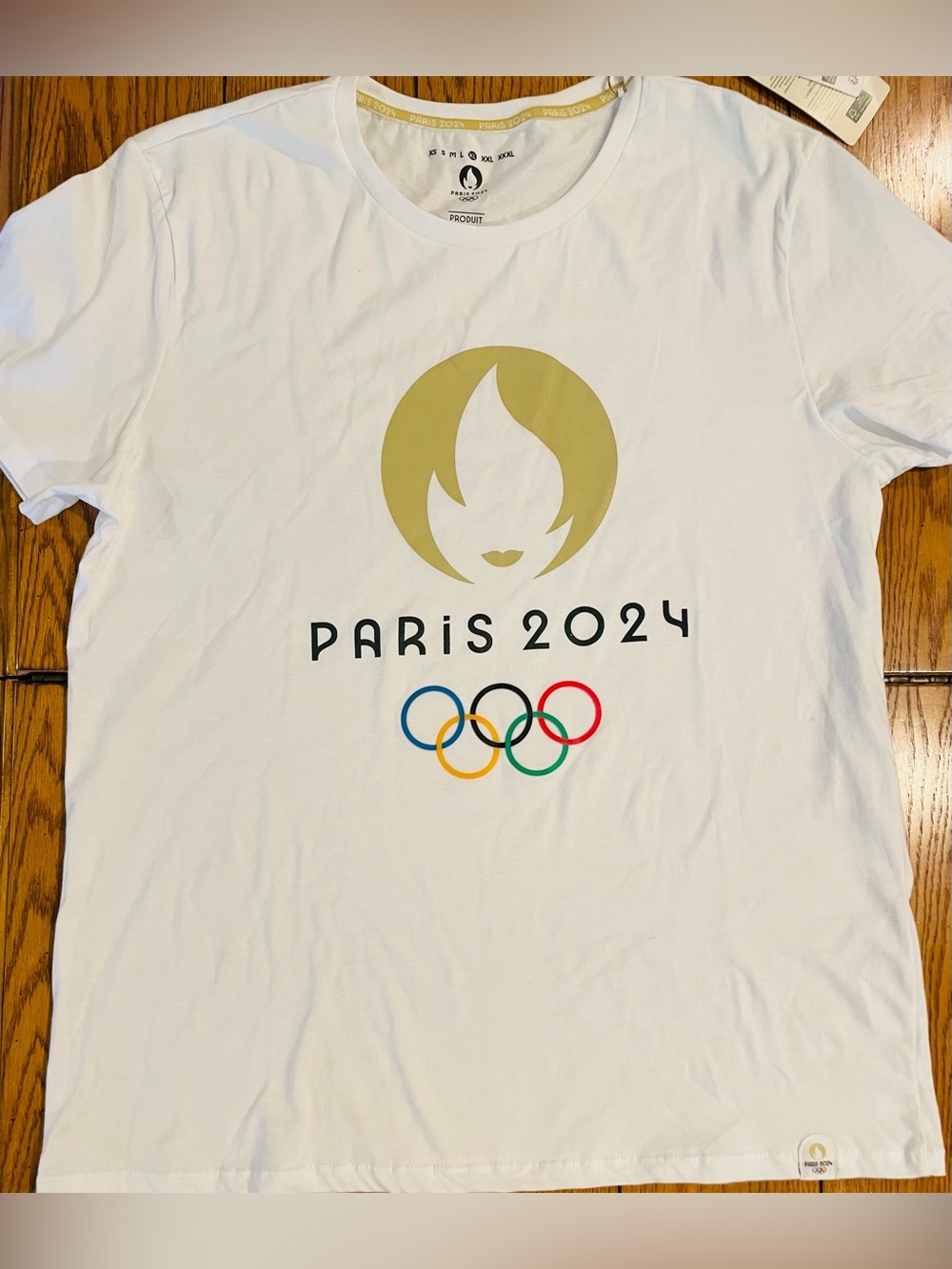 NWT men’s Paris 2024 Olympic Large Logo tee, white, XL, 100% organic cotton